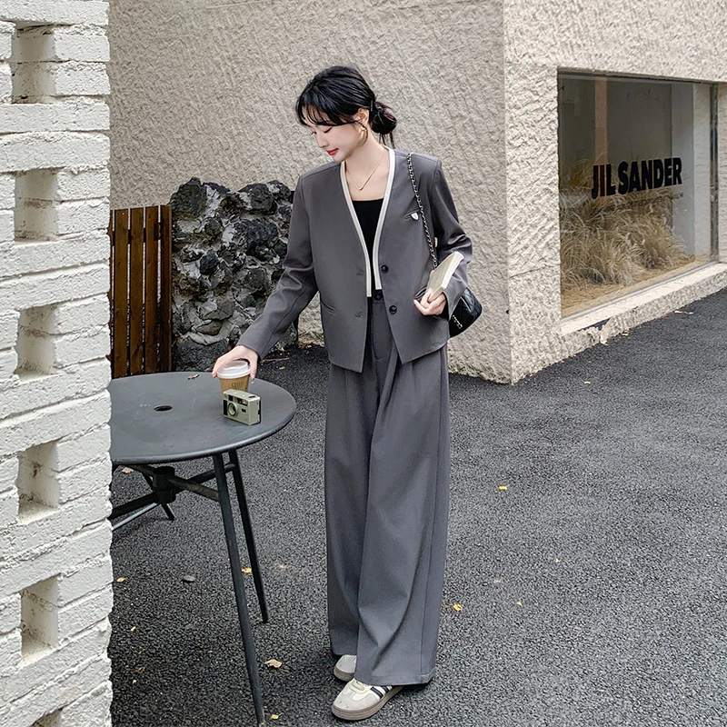 灰色高级感西装套装女2025春季新款韩系气质通勤西服阔腿裤两件套