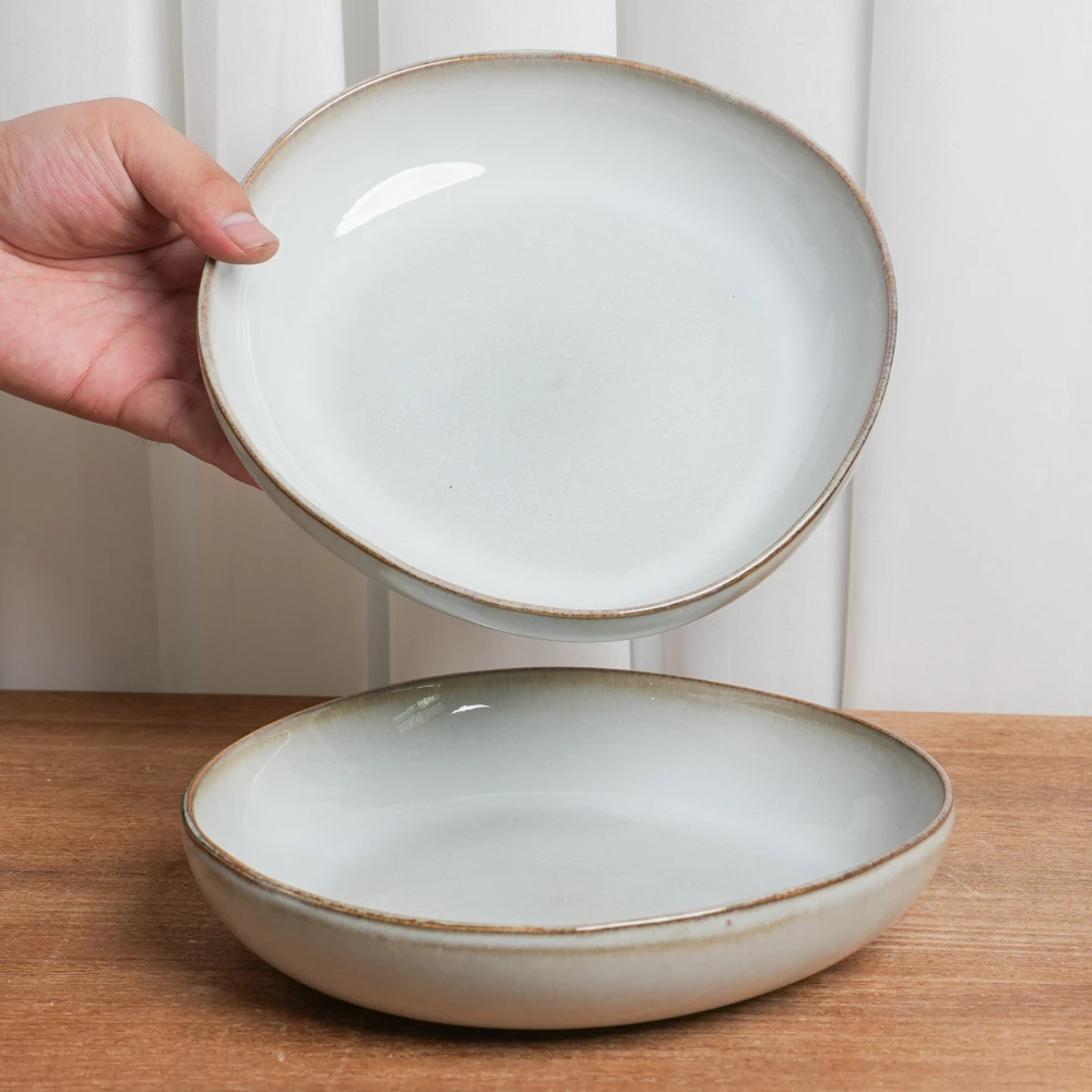 【瑕疵】釉下彩陶瓷盘子窑变米白异形深盘高颜值复古汤盘B6A