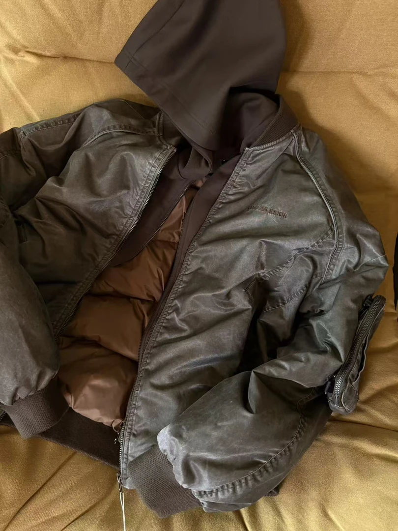 MA-1复古水洗尼龙可拆卸连帽飞行夹克羽绒外套-J099