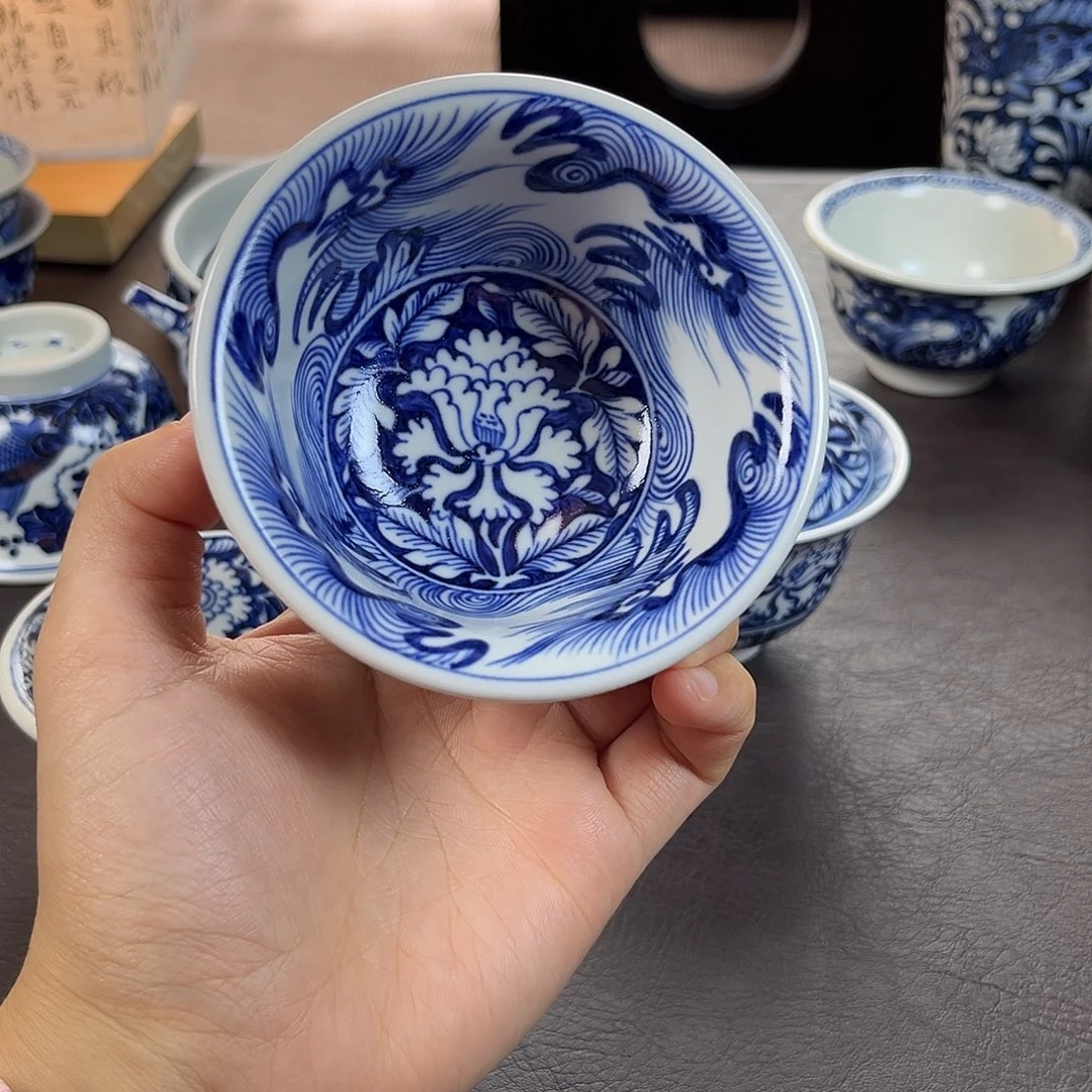 朝岚夕霞窑原矿釉烧制全手绘青花满工牡丹压手杯主人杯