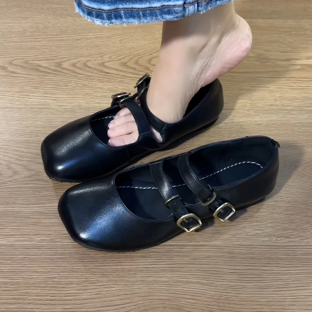 单鞋2025复古新款浅口方头百搭低跟平底鞋真皮软底包头玛丽珍鞋女