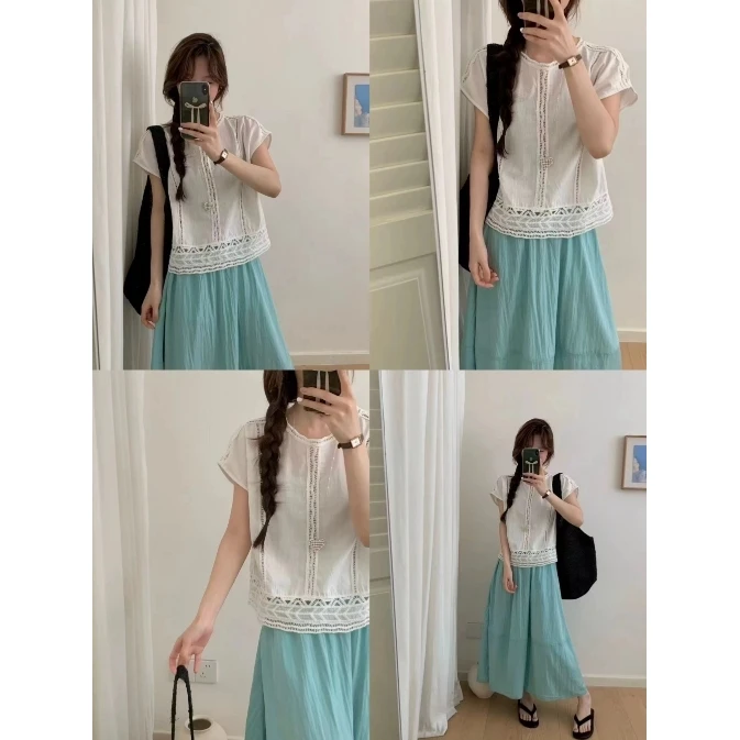 L-1186#『40%莱赛尔20%亚麻』超重工蕾丝边小衫