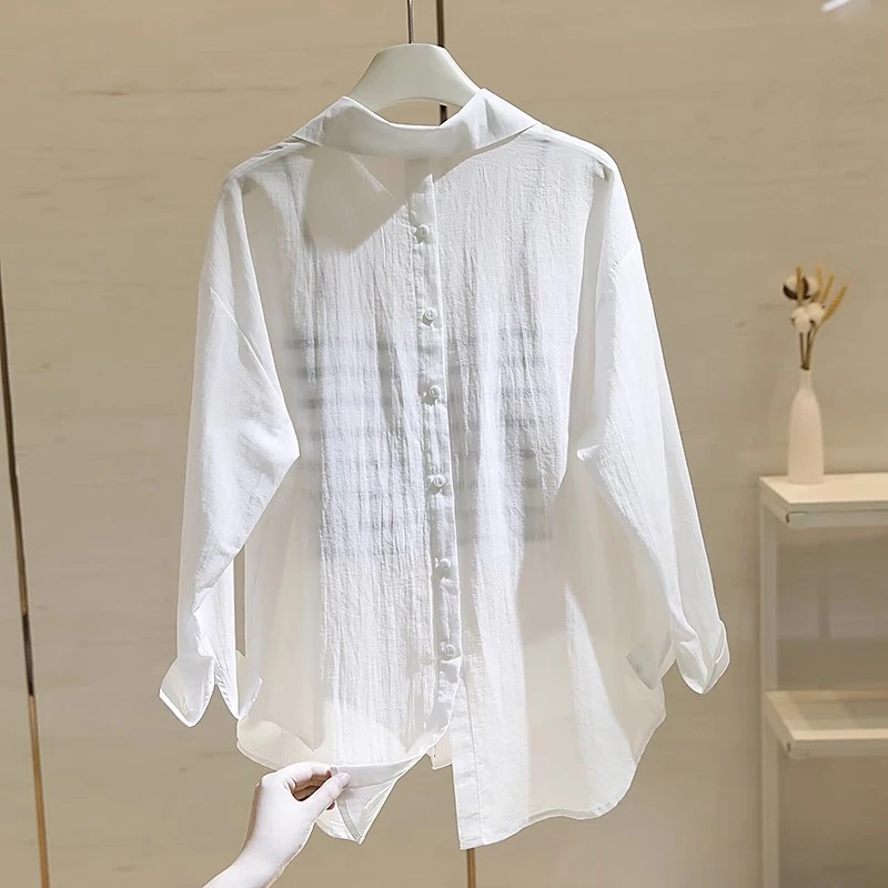 culv白色单口袋防晒衬衫女长袖夏季新款宽松显瘦开叉薄款衬衣上衣