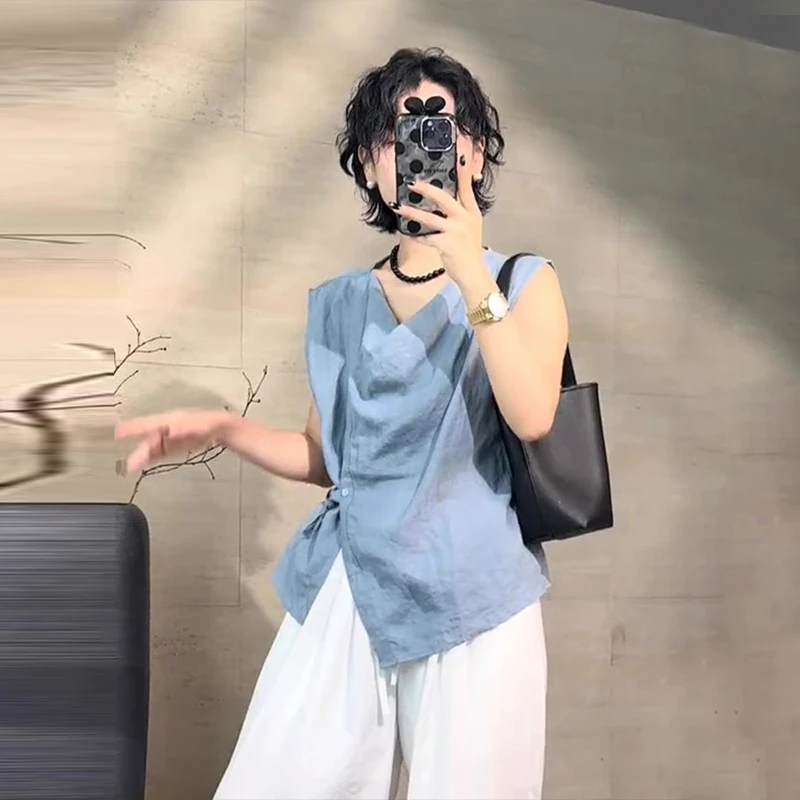 韩系无袖背心衬衫2025新款女夏季高级感上衣轻熟法式小众气质小衫