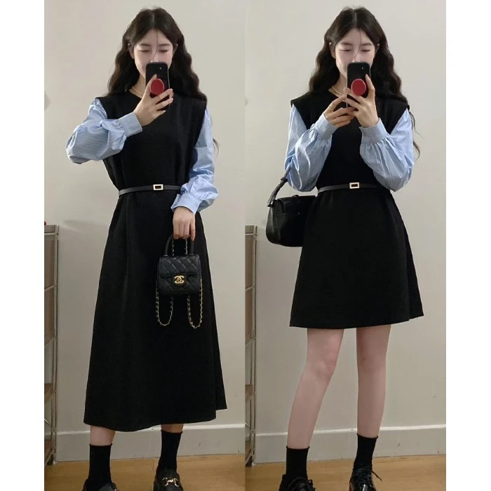 大码胖MM假两件长袖连衣裙女秋季新款遮肚显瘦小黑裙子百搭a字裙
