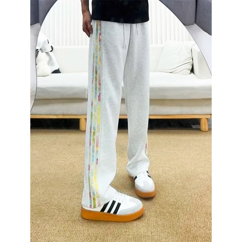 白花灰美式运动卫裤男秋季新款彩色条纹三条杠裤子宽松直筒休闲裤