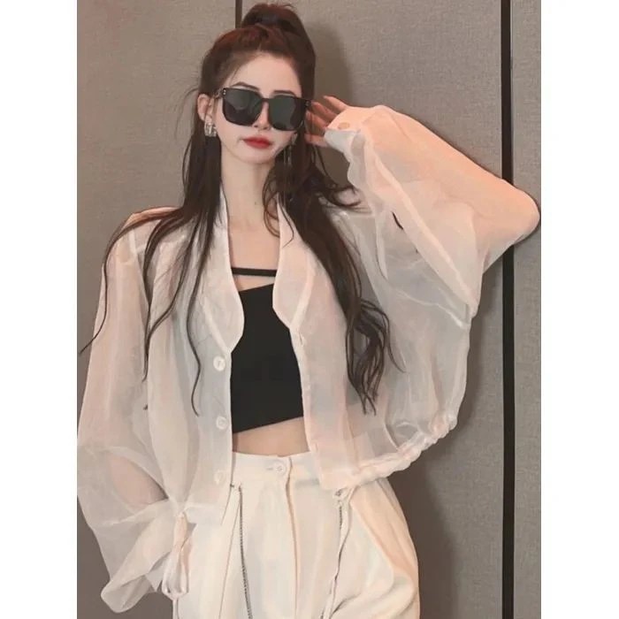 {全额运补}超轻薄短款韩版衬衫宽松长袖薄款衣女夏季防晒上衣开衫