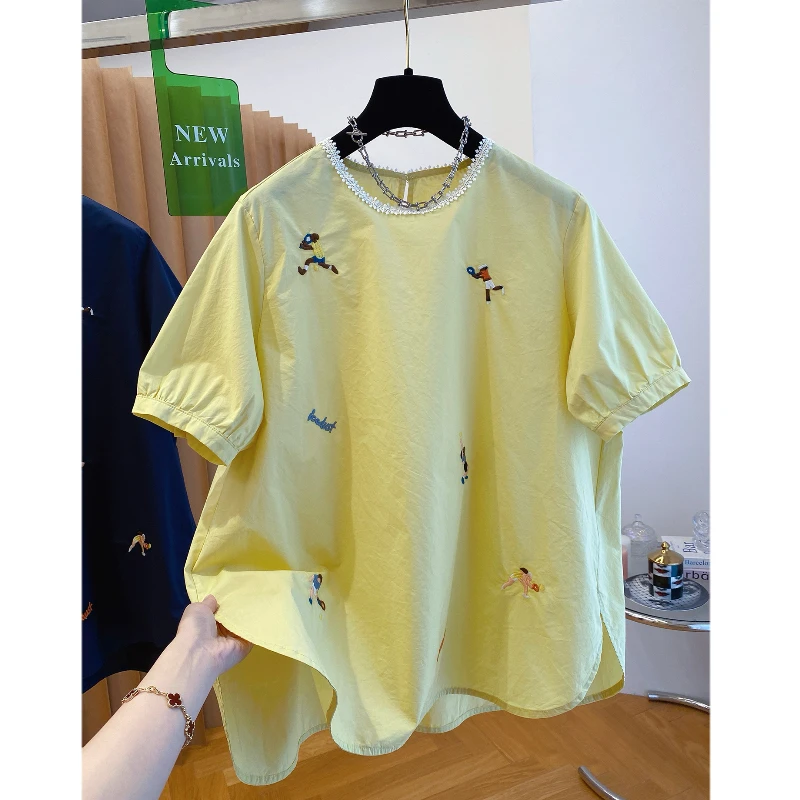 黄色圆领套头衬衫女短袖2025新款夏季宽松高级感刺绣棉布纯棉上衣
