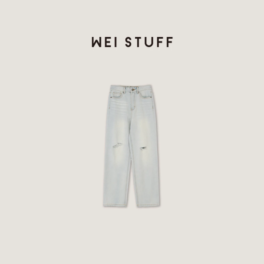 WEI STUFF 春季欧若风纯棉高腰休闲宽松破洞设计牛仔裤 7978 S