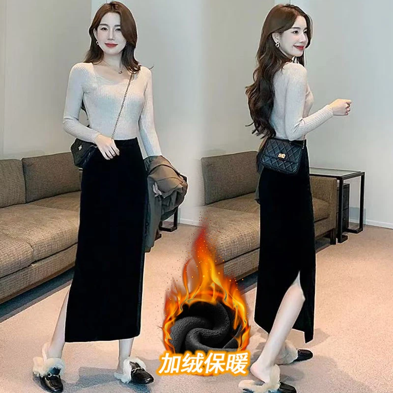 DR丝绒长裙黑色ins风开叉女包臀裙加绒外穿百搭半身裙855