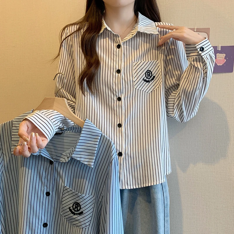 【涵胖胖】清61614大码韩版时尚百搭衬衣2024秋学院风条纹衬衫