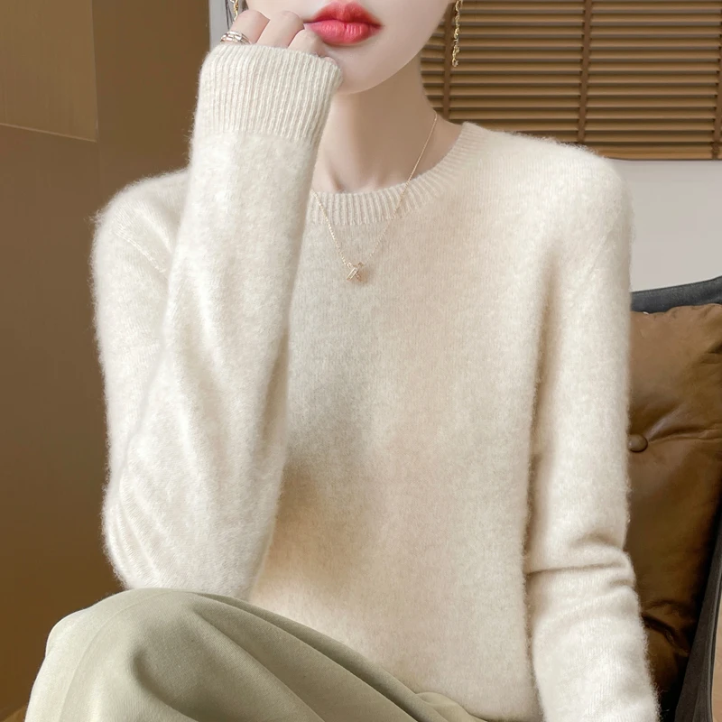 羊毛衫女圆领套头洋气时尚毛衣宽松针织打底衫长袖百搭纯色秋冬