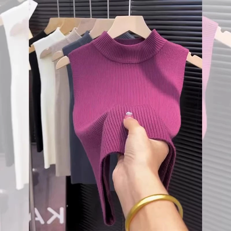 芊芊芙半高领内搭针织毛衣打底衫女夏季2025新款背心短款无袖上衣