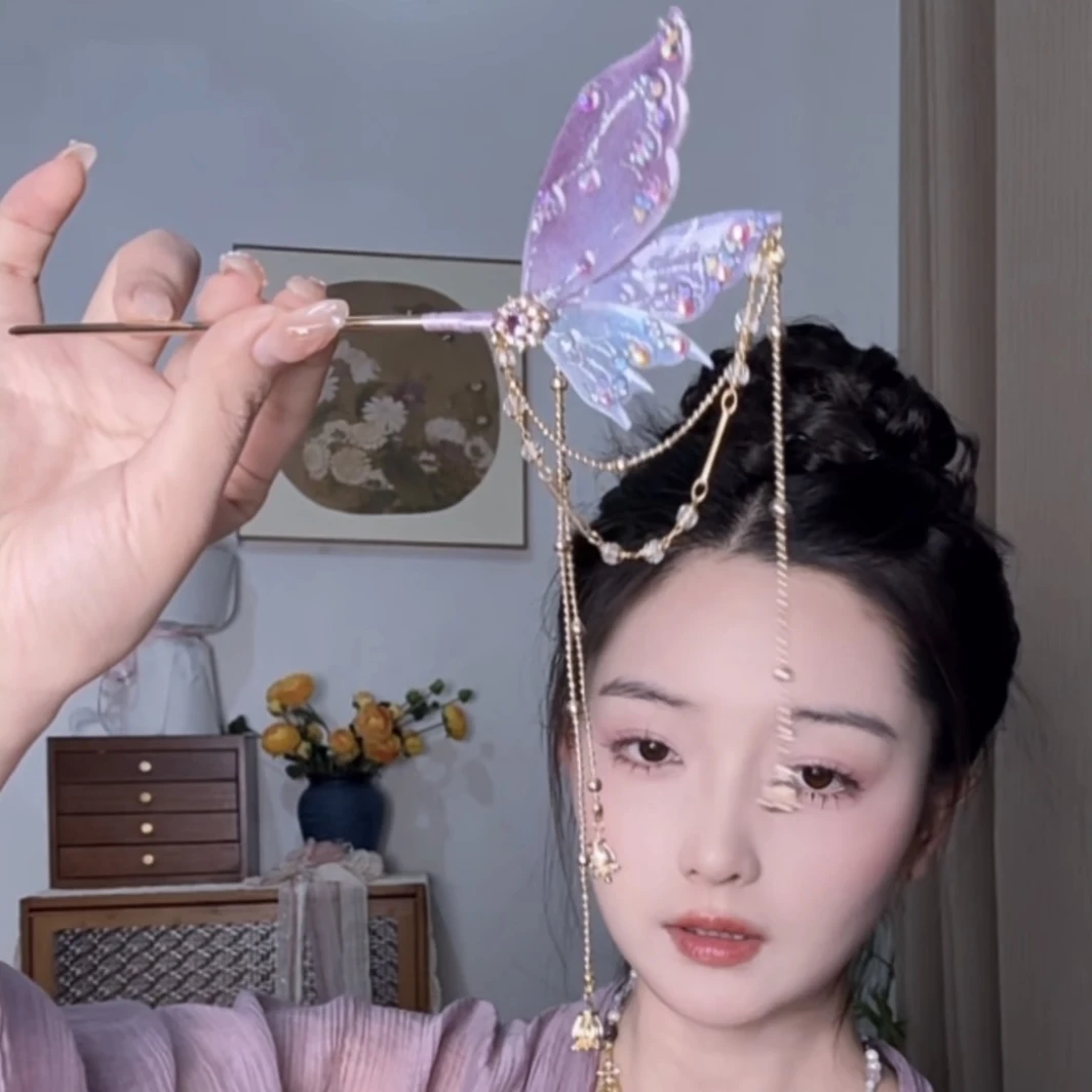 风雪初晴锦鲤蝶发簪【达人】手工汉服百搭复古风古典紫色超仙发簪子