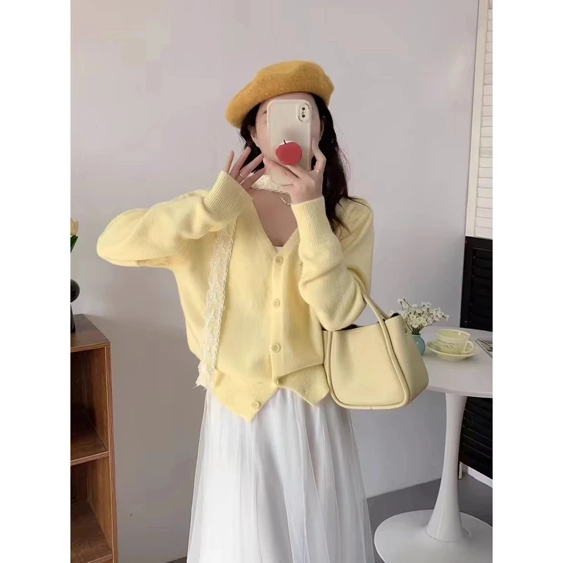 韩系春秋款时尚蕾丝飘带挂脖针织V领简约开衫女百搭毛衣外套减龄