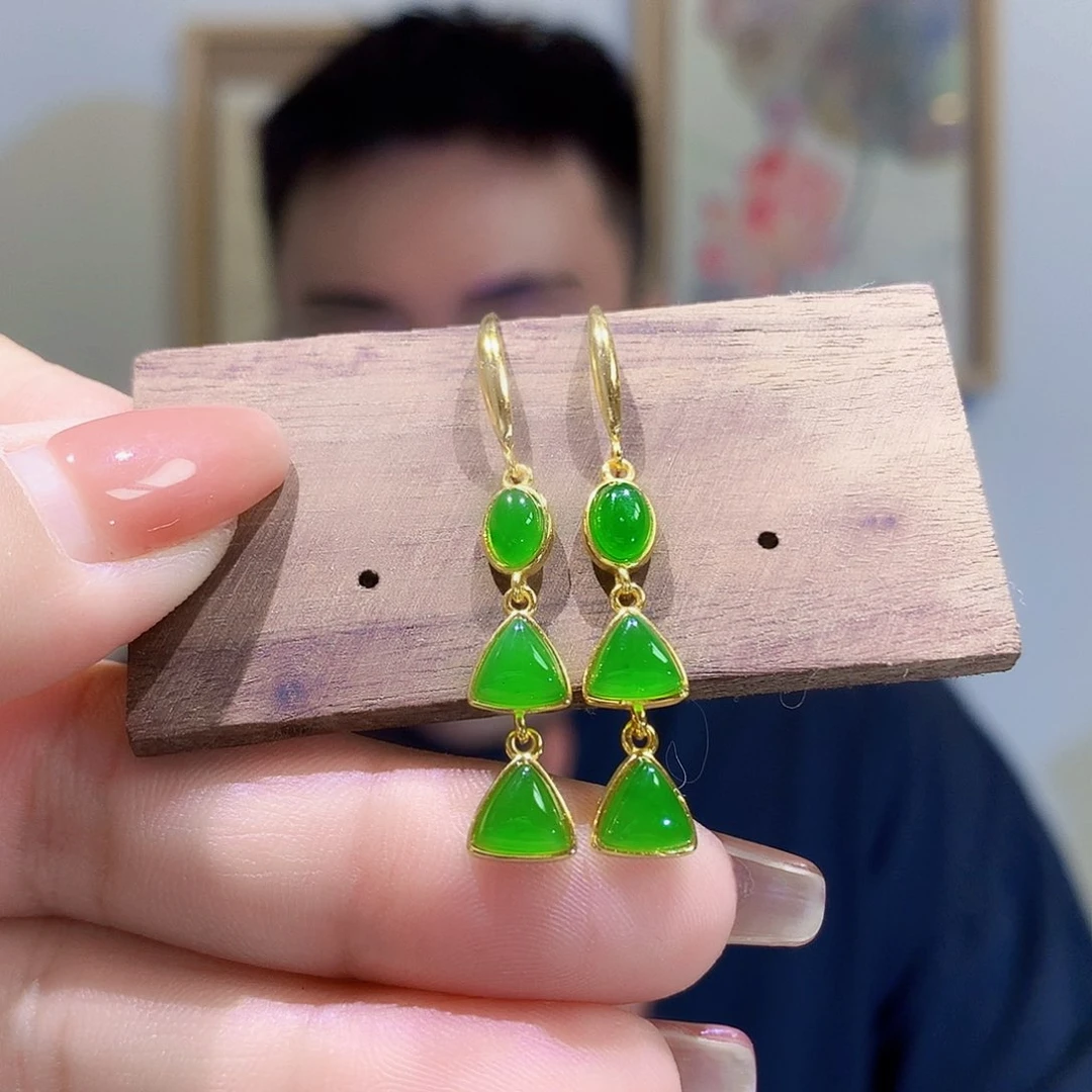 和田玉（碧玉）银S925镀金镶嵌耳饰