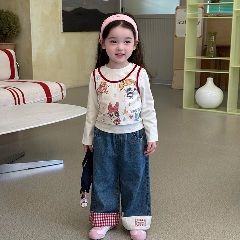 韩版童装25秋新款女童小童韩版卡通涂鸦假两件T恤格子直筒牛仔裤