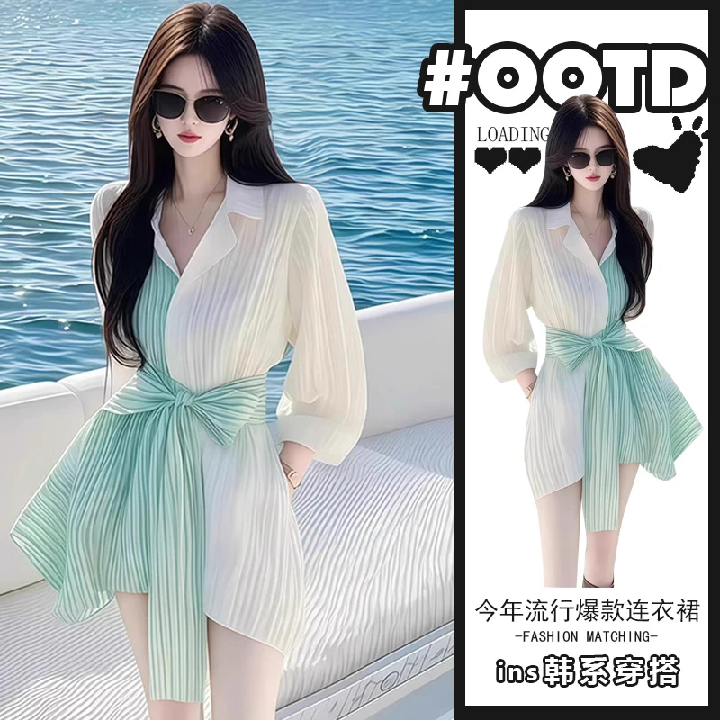 轻奢时尚条纹拼接衬衫连衣裙女2025春夏新款不规则收腰系带短裙潮