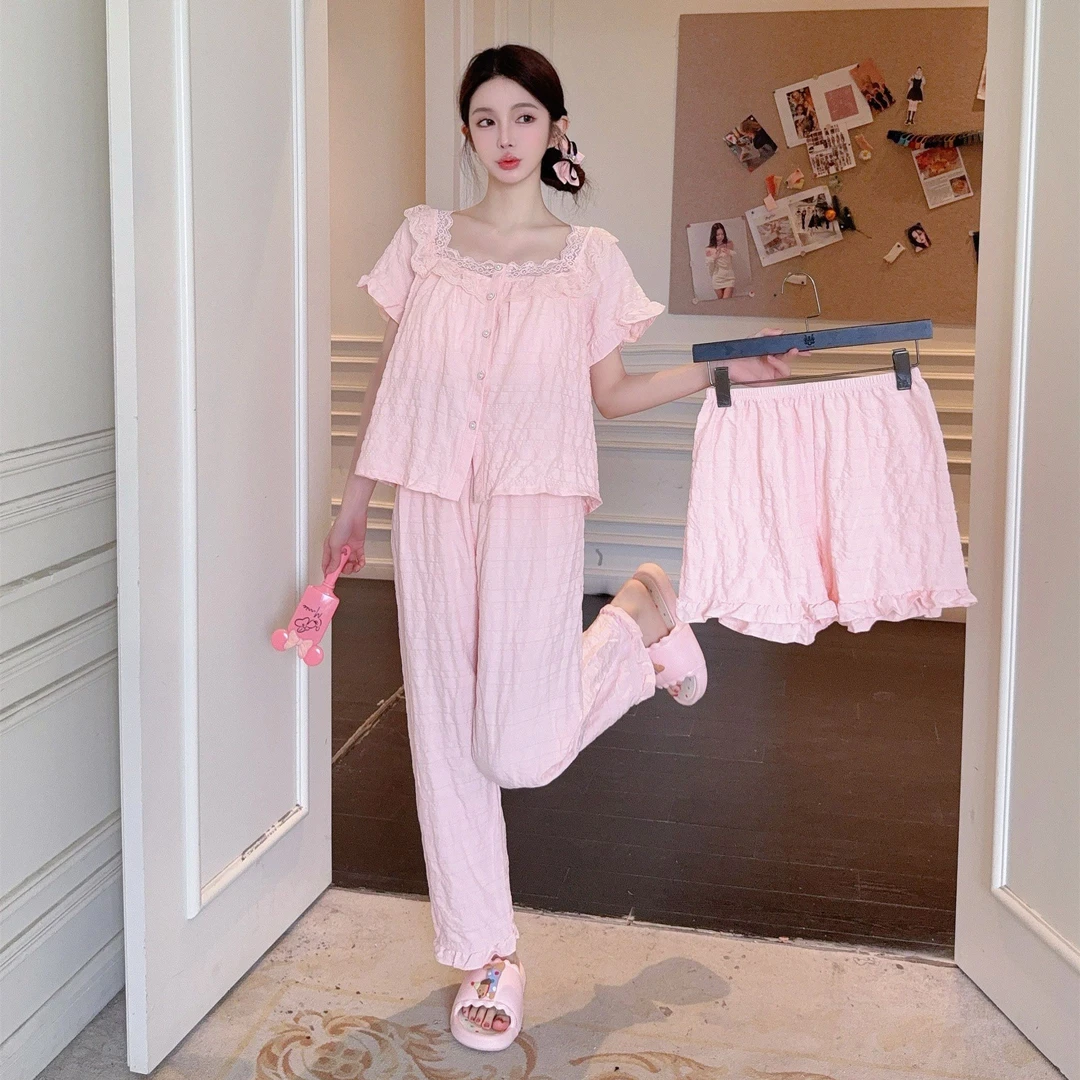 舒适薄款简约透气夏季短袖花边青年韩版睡衣家居服三件套甜美