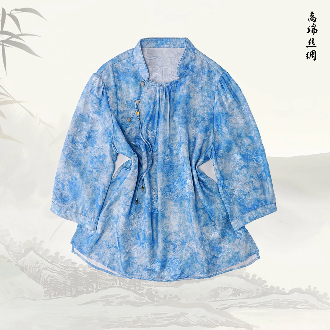 【 纤凝】品牌新款桑蚕丝国风盘扣中袖立领上衣519055