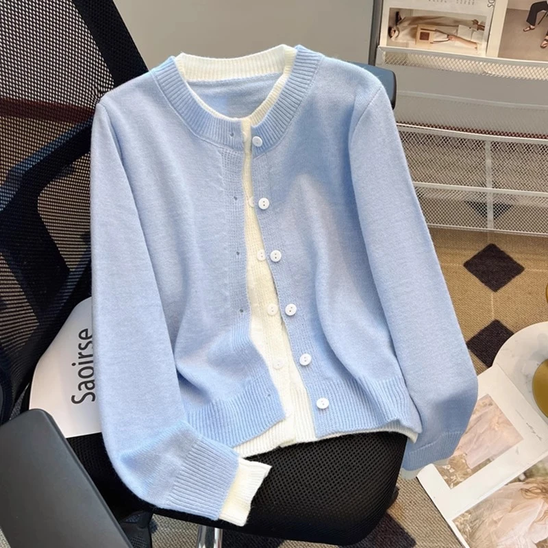 蓝色假两件针织开衫外套女2025新款春秋冬温柔软糯奶fufu毛衣上衣