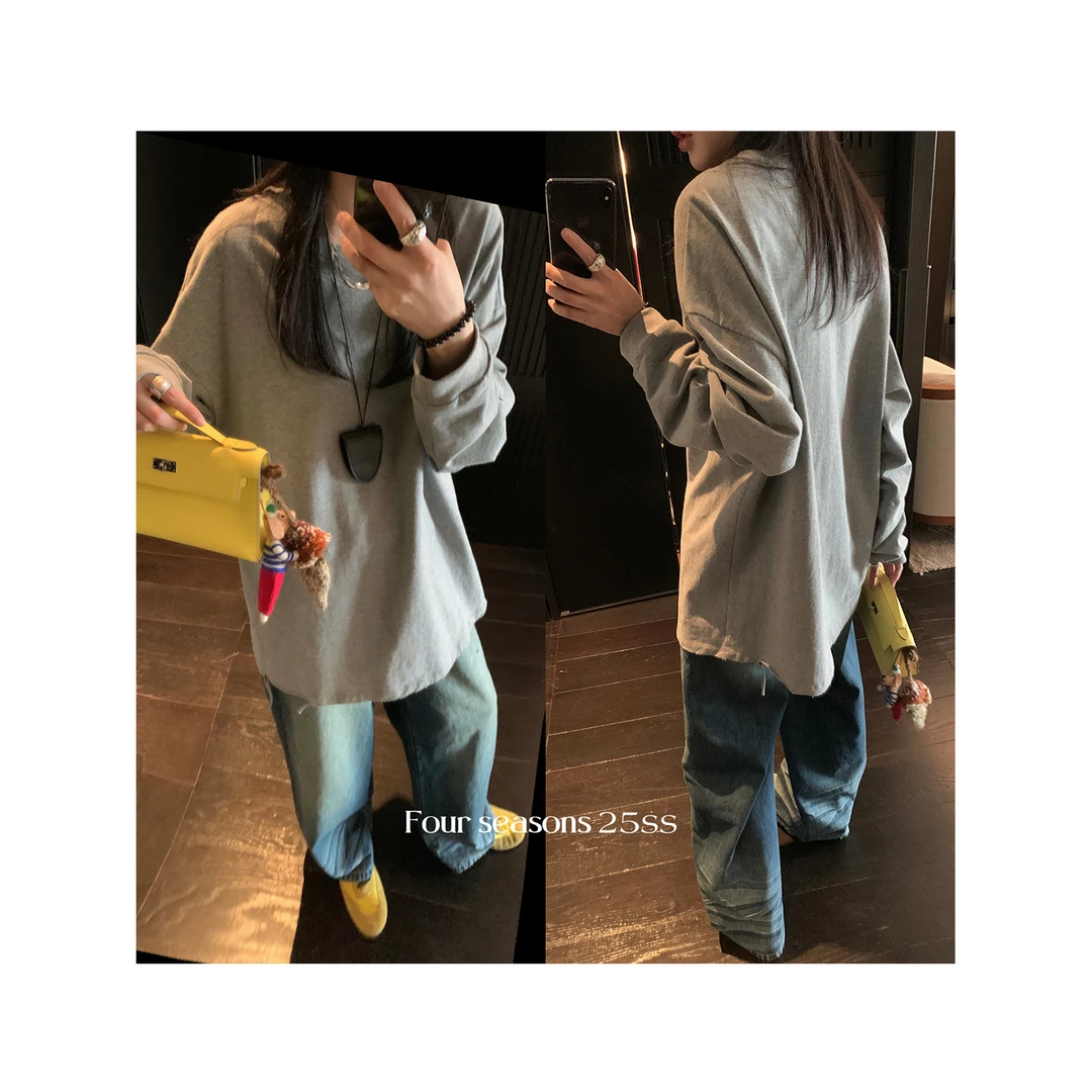 区区欧阳【萬能T】磨破长袖T恤春季新款内搭打底衫慵懒宽松圆领上衣