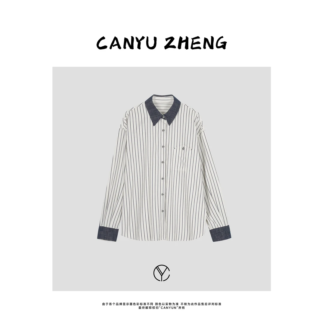 CANYU春夏新款 拼色条纹 遮肉显瘦Polo领长袖衬衫