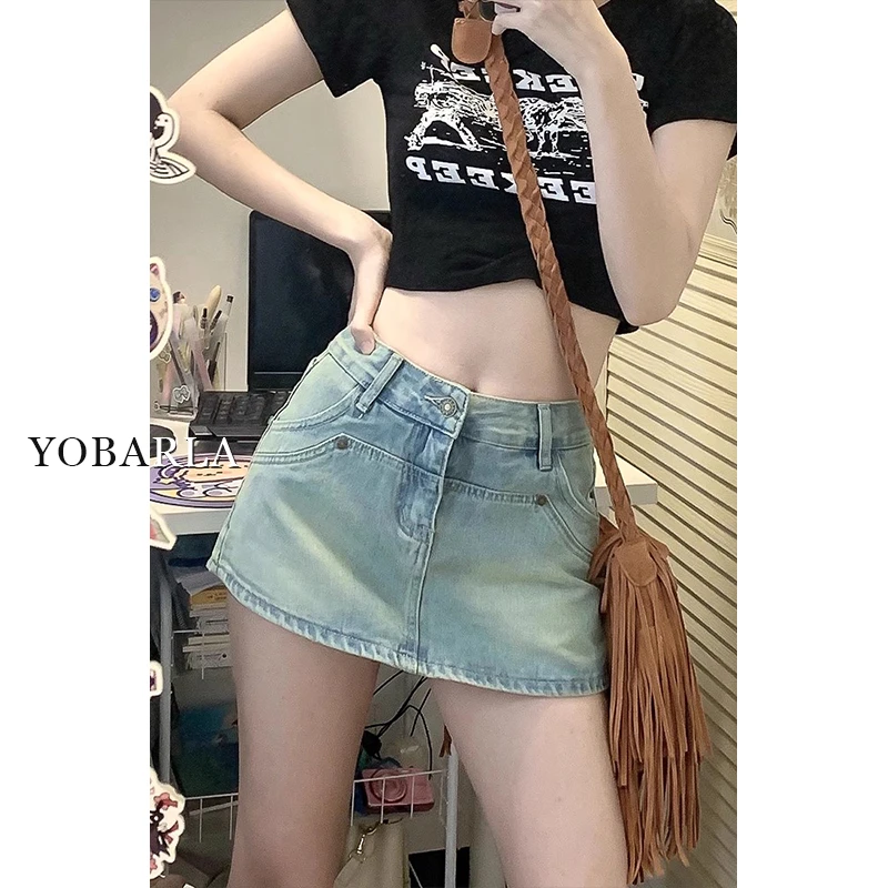 浅色牛仔短裤裙女高腰秋冬大码胖mm遮肚子显瘦梨形身材a字半身裙