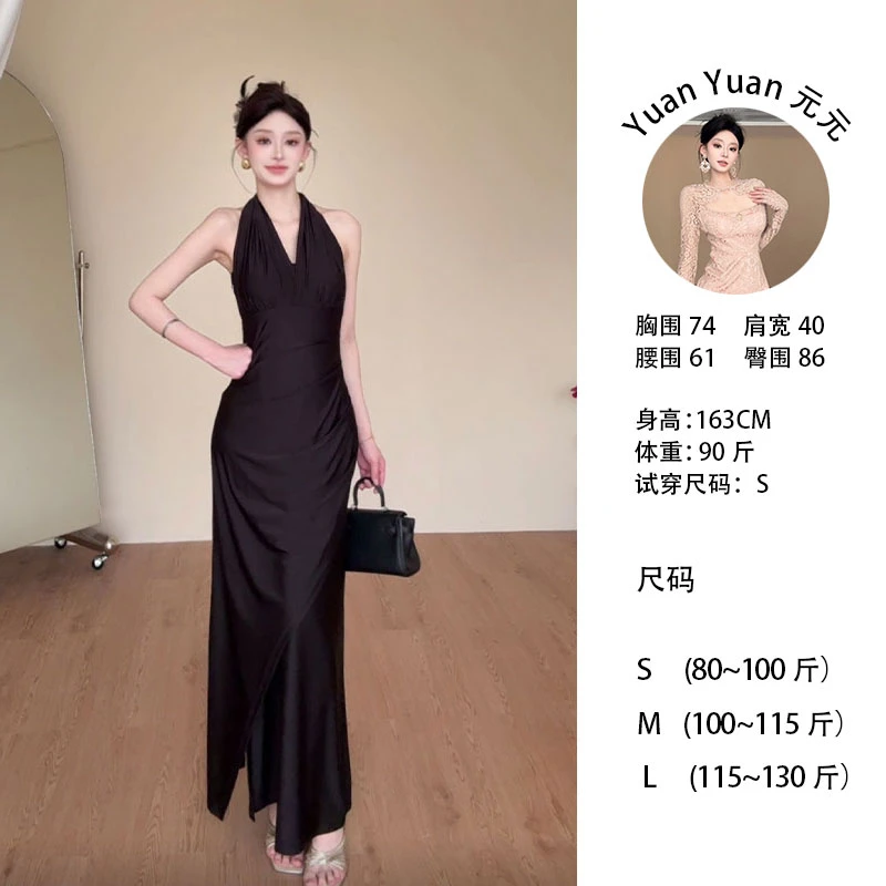 f8/C089 0807【YY】法式夏季高腰黑色连衣裙名媛气质开叉纯欲长裙