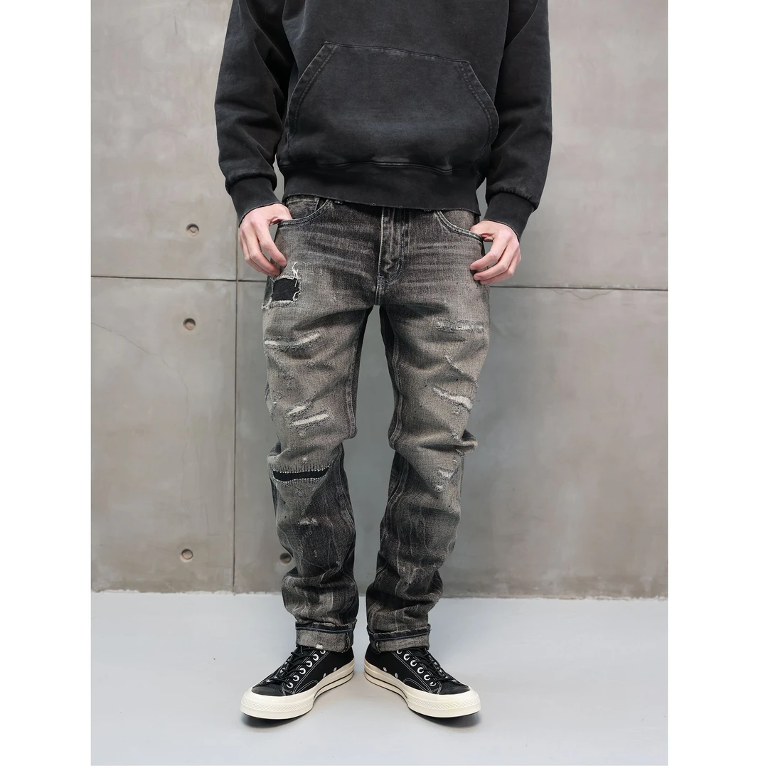 CURRAHEE-201牛王系列重磅磨破补烂内华达水洗做旧修身款黑牛仔裤