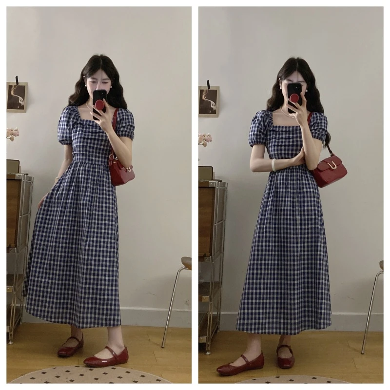 大码法式气质连衣裙女装新款泡泡袖a字裙子欧若风穿搭