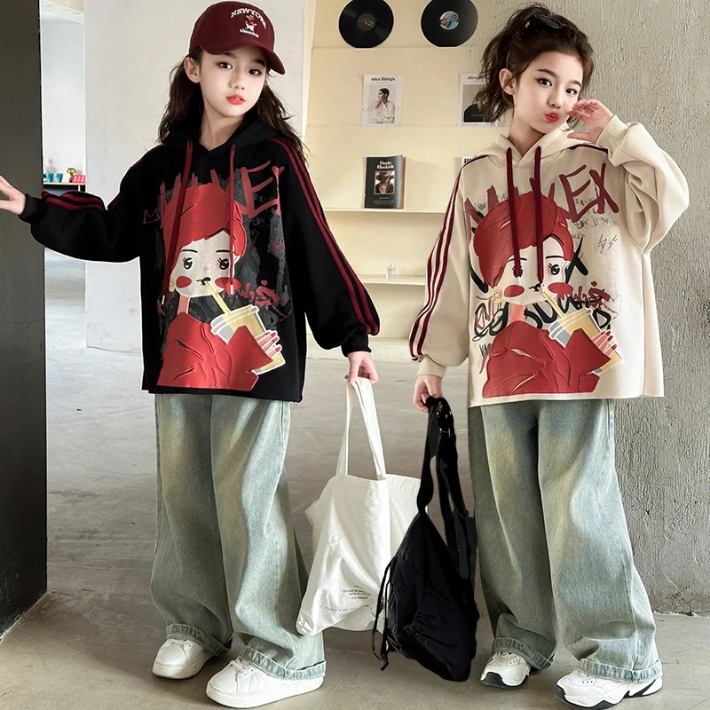 女童春季长袖卡通卫衣套装时尚休闲连帽韩版印花宽松洋气阔腿裤潮