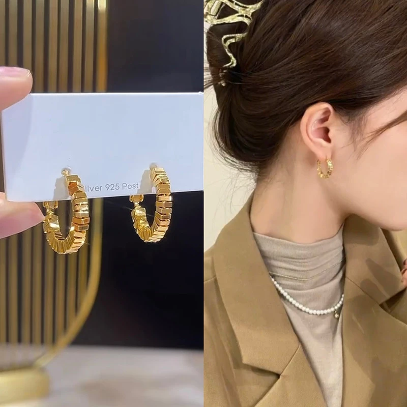 925银针金色碎银子耳圈小众设计感气质圈圈耳环2025新款爆款耳饰