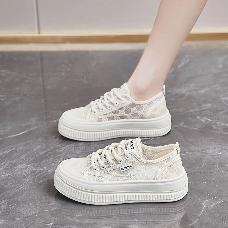 板鞋女学生运动鞋百搭舒适时尚夏季蕾丝网面新品女帆布帆布鞋厚底