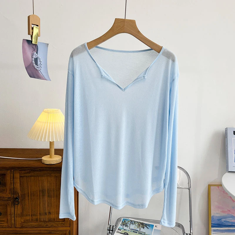 薄衫V领透视防晒衫女新款夏季套头小个子防晒衣罩衫T恤潮