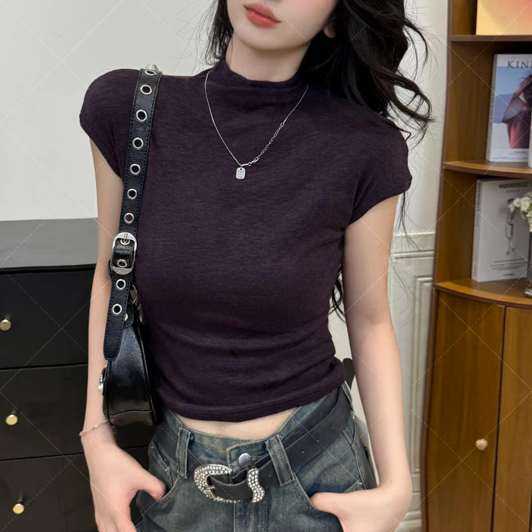 【有运费补贴5~7元】半高领短袖T恤女修身早秋打底衫内搭女上衣夏季