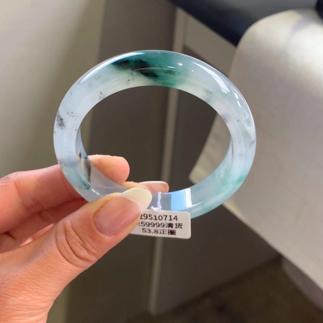 翡翠手镯未镶嵌冰胶乌鸡飘花53.8正圈