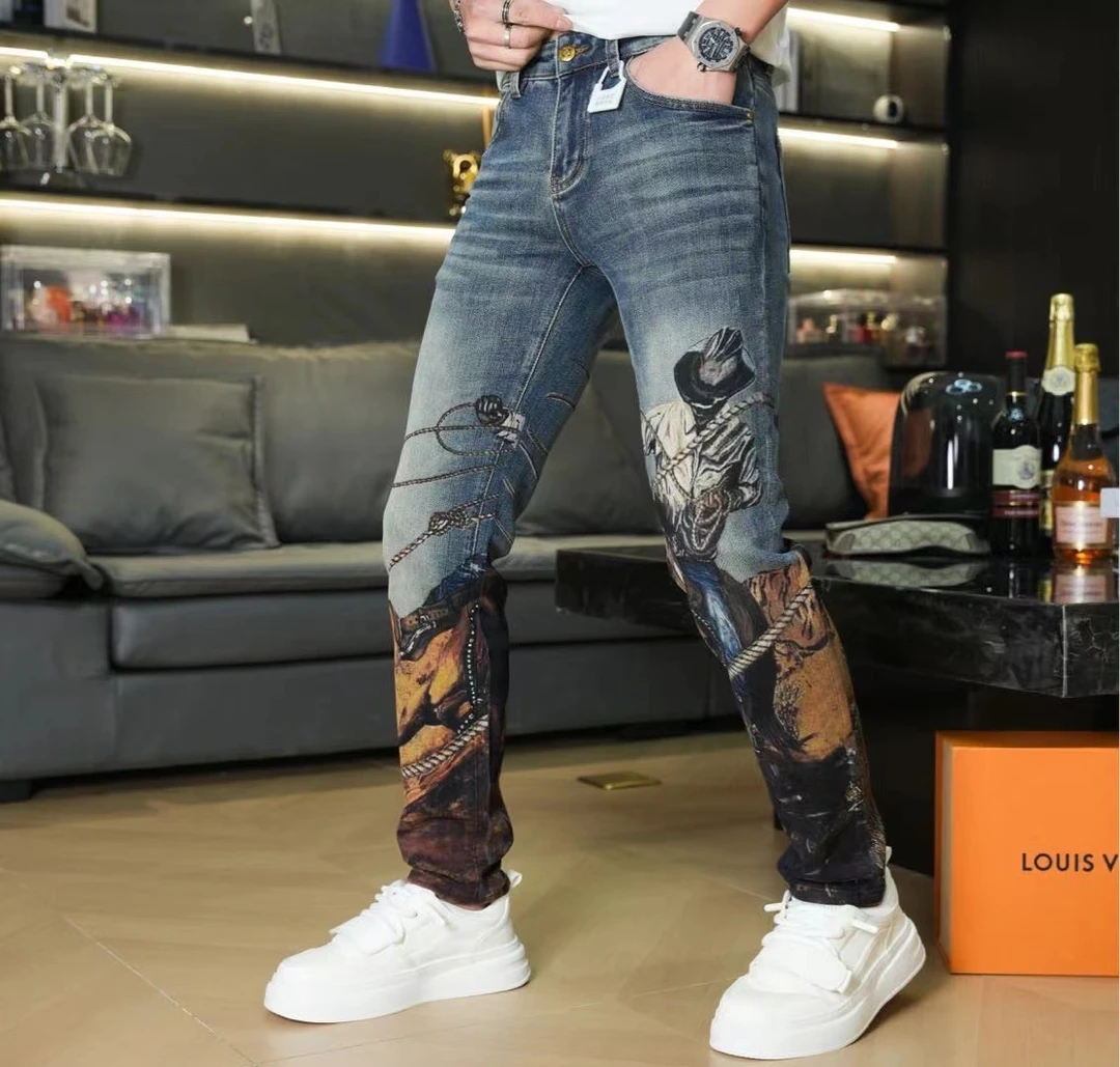 百搭时尚印花男复古潮流牛仔裤春季休闲修身小脚直筒西部牛仔男裤