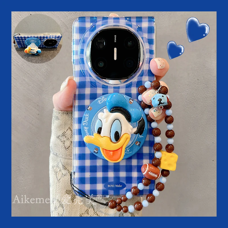 适用华为mateX6折叠屏手机壳蓝白格纹MateX5冰淇淋唐老鸭磁吸支架