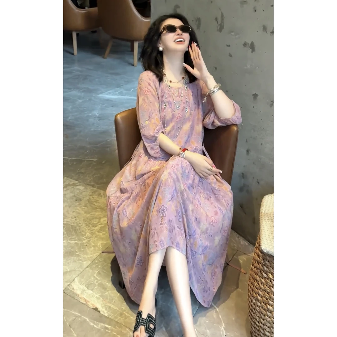 夏季新款气质时尚慵懒法式连衣裙女2025大码宽松显瘦刺绣温柔风裙