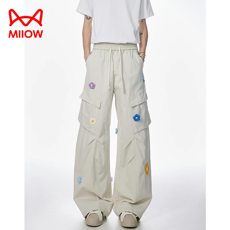 MiiOW/猫人宽松工装阔腿裤潮刺绣直筒夏季情侣潮流街头