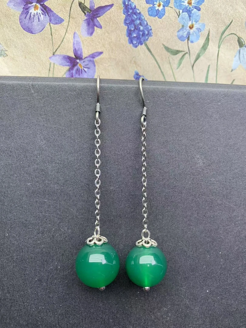 天然玉髓耳饰圆珠高端S925纯银耳环经典长款复古绿色女马面裙F72