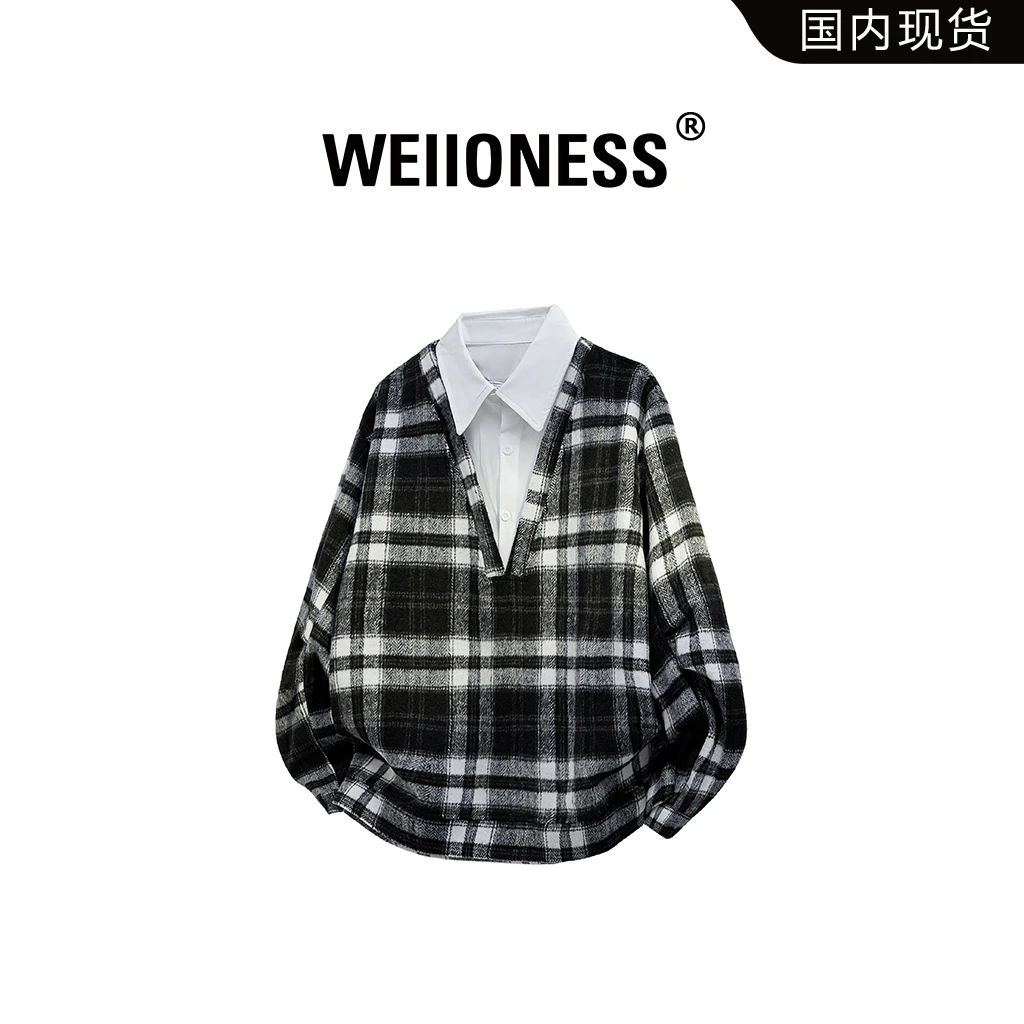 WEIIONESS假两件卫衣男秋季美式学院风小众设计感男士长袖POLO衫