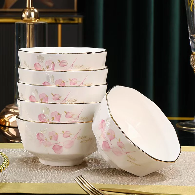 金边粉色情怀4.5英寸米饭碗6只装金边描金钻石碗奢华家用高档餐具