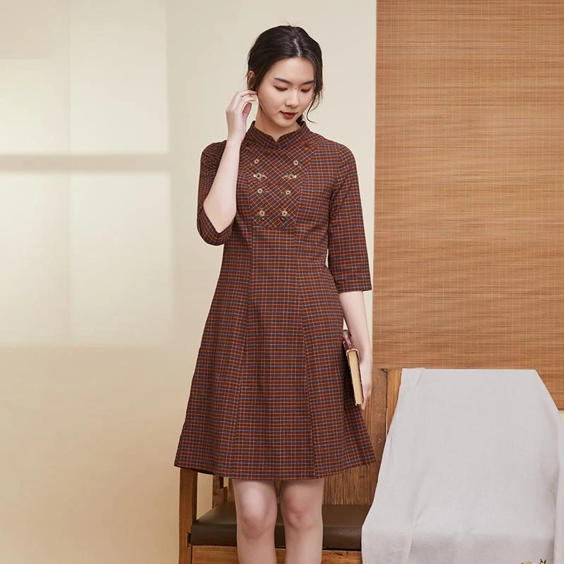 JCCLY6咖格七分袖旗袍裙