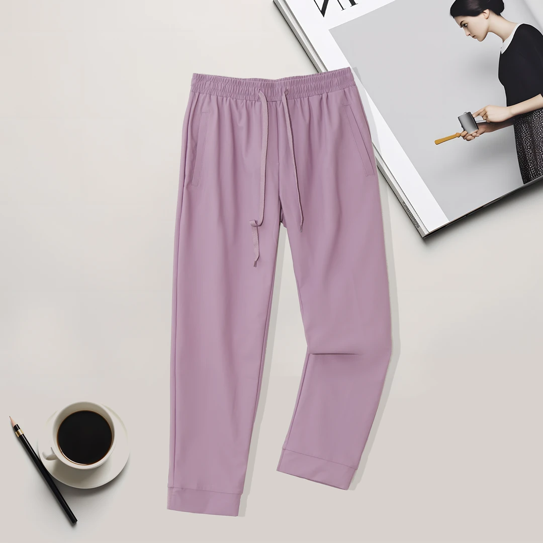 纯色女士紫色休闲小脚裤简约百搭显瘦凉感垂顺松紧腰潮流1F741
