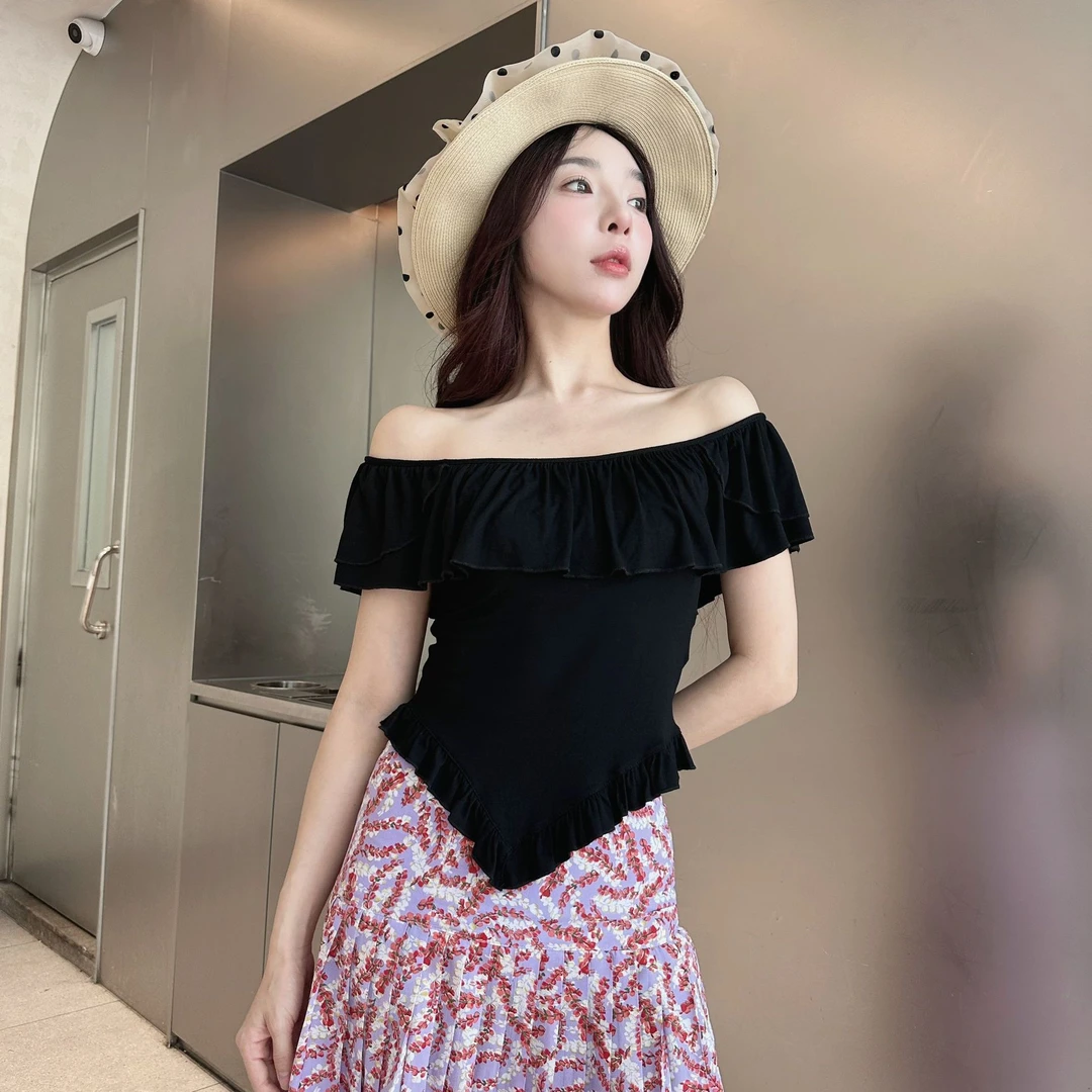 荷叶边领子弹力棉女春夏修身显瘦设计感显瘦束腰上衣多穿短款上衣