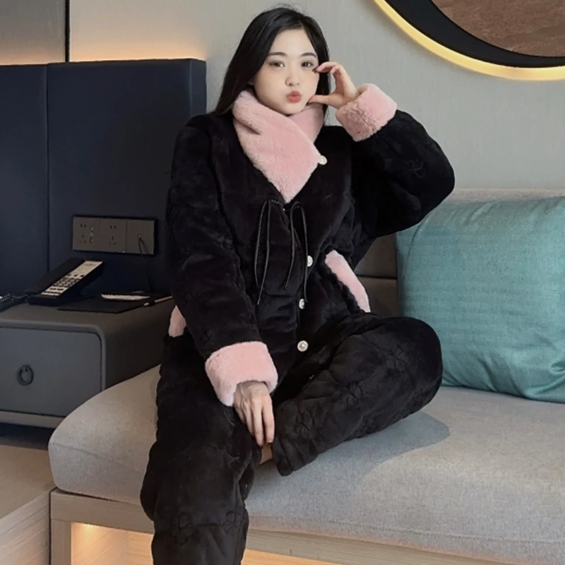 粉色领子三层夹棉珊瑚绒睡衣女士冬季加绒加厚保暖高级感家居服