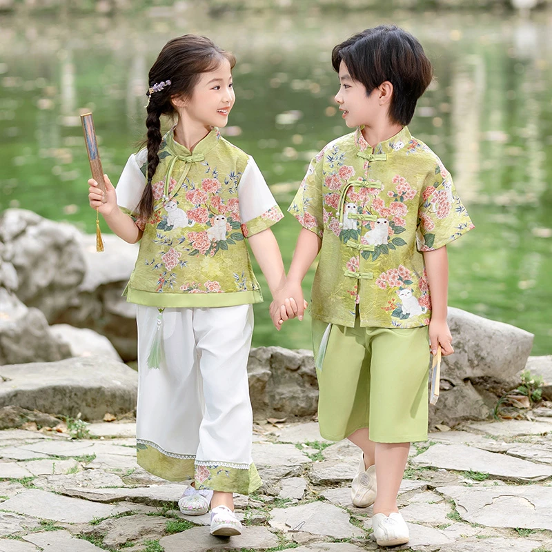 男童汉服中国风夏高端女童新中式唐装国学套装儿童中式六一演出服