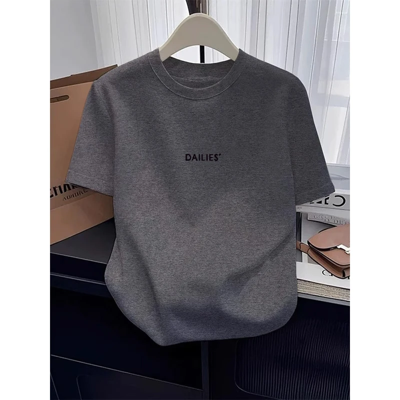 设计感小众正肩纯棉短袖t恤女2025新款时尚百搭深花灰色上衣夏季